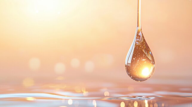 Vitamin Drop or Oil Droplet Close up of a drop of oil with a vibrant glow, emphasizes the richness and potency of the vitamin