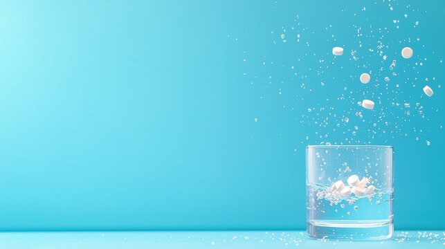 Vitamin Effervescent Tablet and Glass of Water Close up of an effervescent tablet fizzing in water, blue background, emphasizes the dissolving process