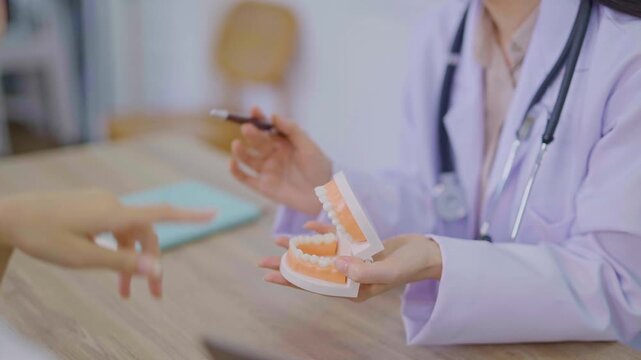 The dentist is talking to the patient and showing them a model of the teeth. (Concept of dental care)
