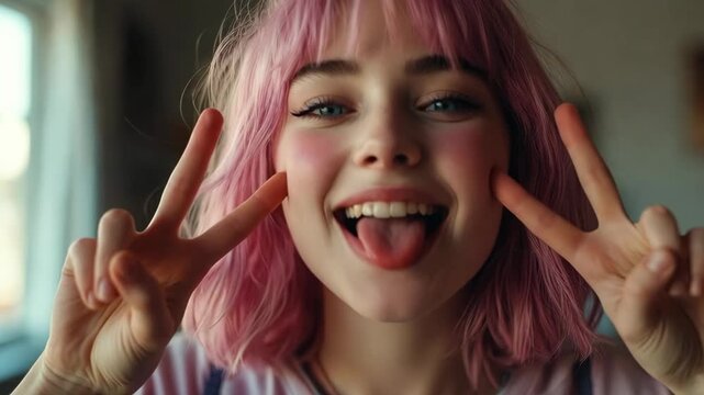 Handheld tracking close up of young woman with pink hair posing and sticking out tongue while flashing peace signs near window inside home interior