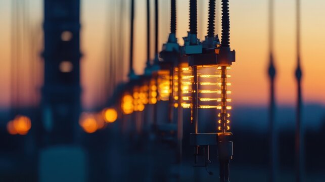 Industrial power line equipment undergoing detailed inspection with warm illumination at sunrise or sunset