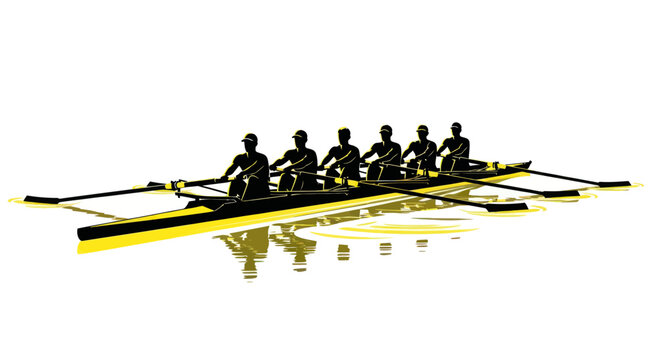 Team rowing in sync on water, silhouette of rowers in a racing boat