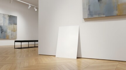 Fototapeta premium Blank vertical poster mockup leaning against a white wall in a modern art gallery interior