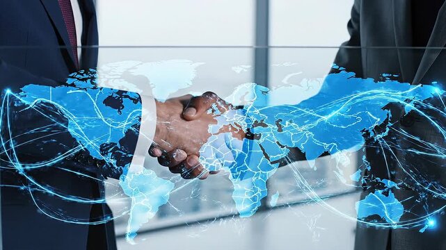 Global business partnership handshake with digital world map and network connections concept