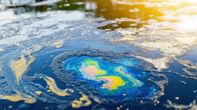 Iridescent oil slick marring polluted water surface near coastal marina under harsh sunlight