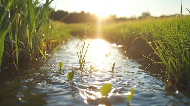 Sunlit rural stream with emerging aquatic plants and green algae bloom