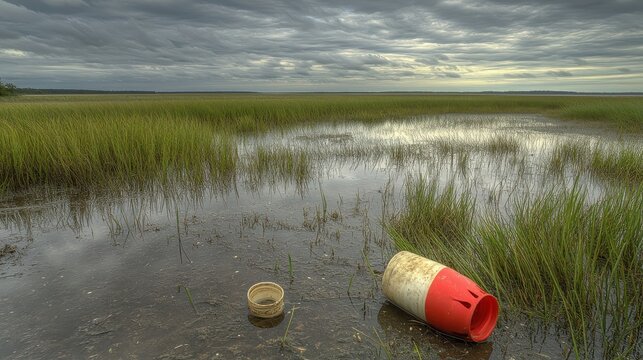 Floating trash and debris accumulating in a wet marsh landscape under cloudy skies after heavy rain, highlighting environmental pollution.