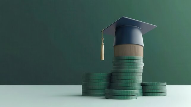 Graduation Cap Perched Atop Stacks of Money Symbolizing the Financial Investment in Education and Future Success