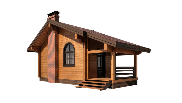 Rustic Wooden Cottage with Brick Chimney and Small Porch