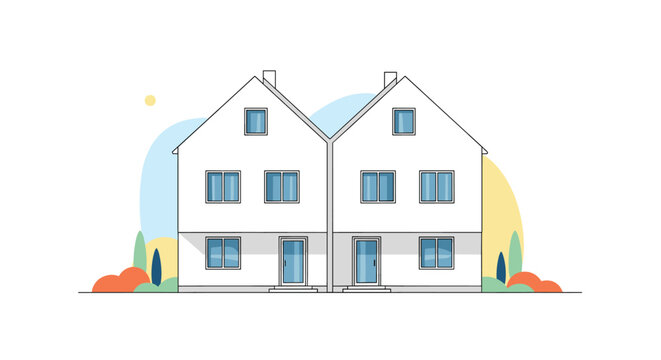 Simple illustration of a white two-story duplex house with blue windows and doors, set against a soft background of colorful abstract shapes.