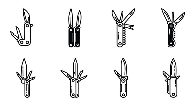 Swiss army knife icons black silhouettes on a white background