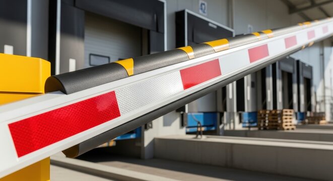 Industrial Barrier Arm with Reflective Safety Markers Controlling Access at a Loading Dock Facility