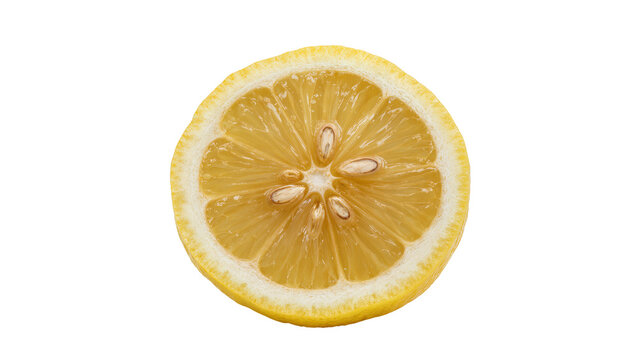 Bright yellow lemon half slice with visible seeds and juicy pulp