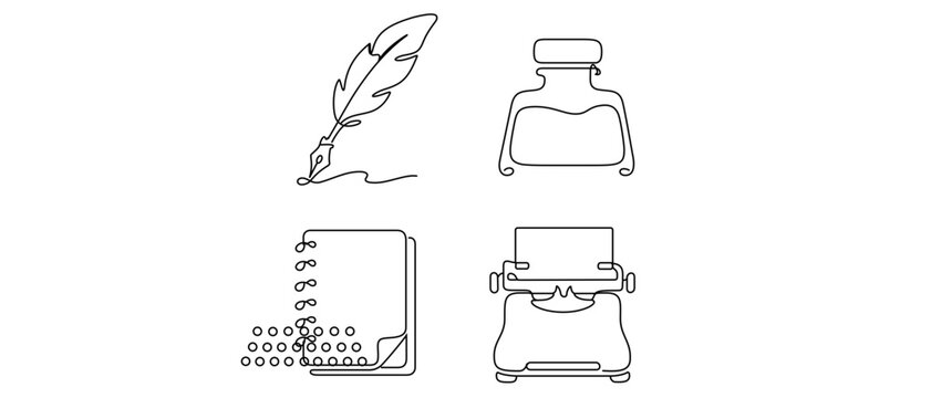 Creative writing and legal services vector icon set collection of 4 minimalist continuous line art icons featuring a feather quill pen, ink bottle, spiral notebook, and vintage typewriter machine.