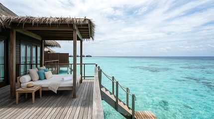 Fototapeta premium Luxury overwater bungalow terrace with daybed facing turquoise ocean and sky in the Maldives, ideal for tropical vacation and honeymoon