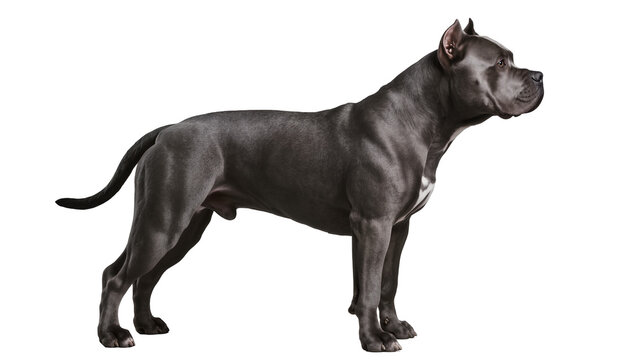 Muscular gray Pitbull Terrier standing alert, full body profile view