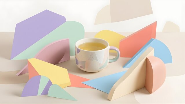 A ceramic tea mug surrounded by various colorful geometric shapes in a soft pastel color palette