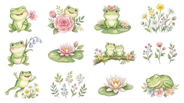 Adorable frog illustrations with water lilies, floral elements and greenery in gentle watercolor style for spring and nursery design. Collection of Vector illustrations for invitation, card, poster