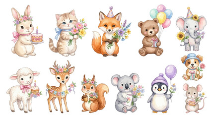 Obraz premium Cute watercolor animals set, adorable forest and baby animals with flowers and party elements in soft pastel style. Collection of Vector illustrations for invitation, card, poster, banner, decoration 