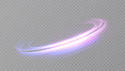 Obraz premium Bright purple light trail with glowing curved stream and sparkling light glare, isolated vector light effect on transparent background.