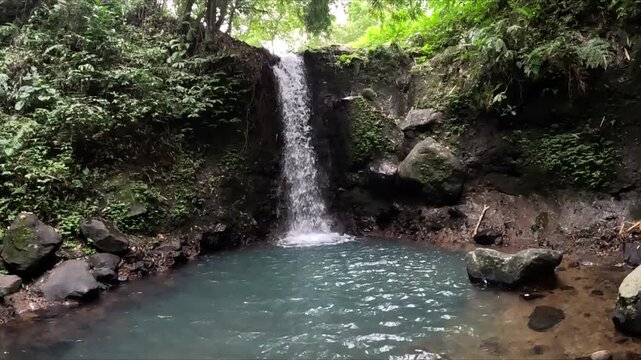 beautiful waterfall, known as Tibu Sampi Waterfalls amidst fascinating vegetation, is located in Selemadeg Timur, Tabanan, Bali, Indonesia
