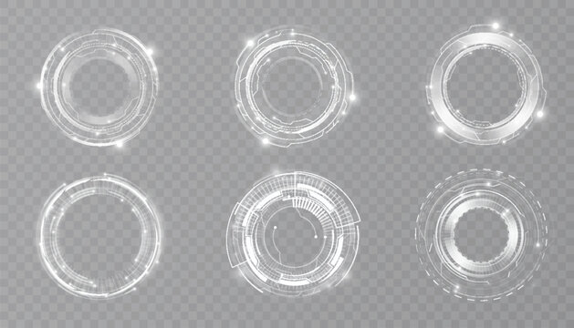 White illuminated round digital interface rings with light details and futuristic technology elements isolated on transparent background.