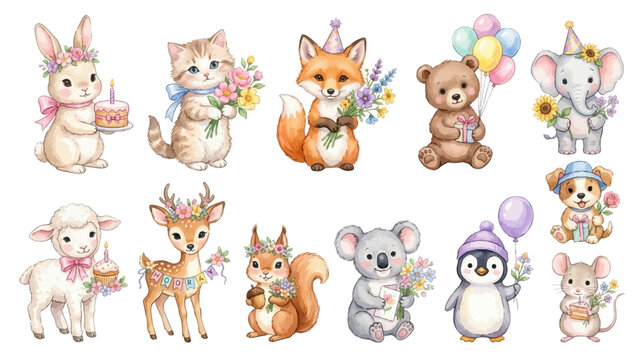 Cute watercolor animals set, adorable forest and baby animals with flowers and party elements in soft pastel style. Collection of Vector illustrations for invitation, card, poster, banner, decoration
