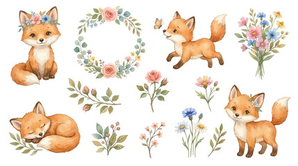 Fototapeta premium Cute watercolor fox clipart set, woodland animal with floral wreaths and botanical elements in soft natural pastel tones. Collection of Vector illustrations for invitation, card, poster, banner, decor