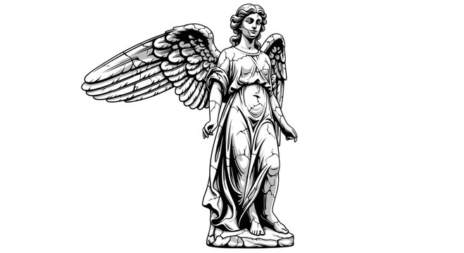 Angel Statue, Winged Figure, Stone Sculpture, White Background, Vintage Style