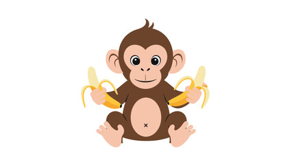 Fototapeta premium Adorable cartoon monkey sitting and holding two peeled yellow bananas in its hands isolated on white background for kids design.