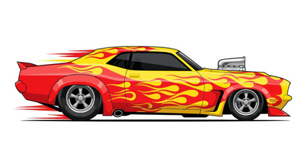 Naklejka premium Hot Rod Car with Flames Graphic Illustration - Fast Vehicle Art