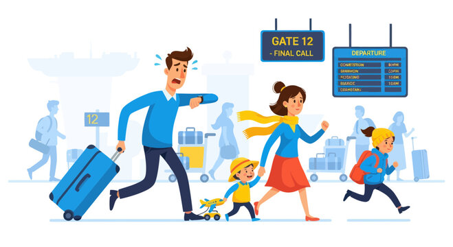 Family Running Late for Flight at Airport Departure Gate