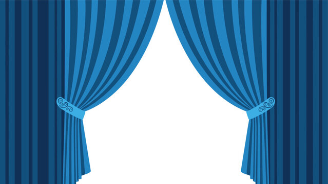 Set of dark and light blue striped theater curtains pulled back to reveal white stage area isolated on white background.
