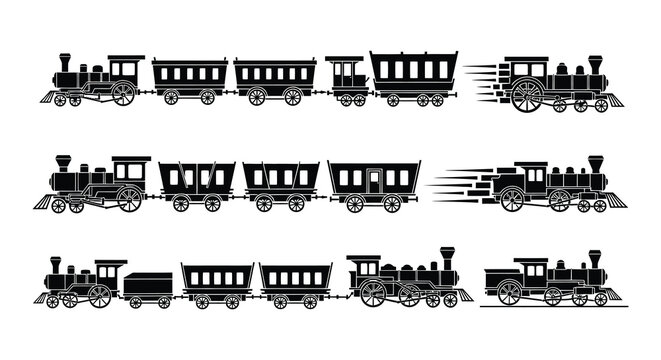 Vintage steam train silhouettes on a white background