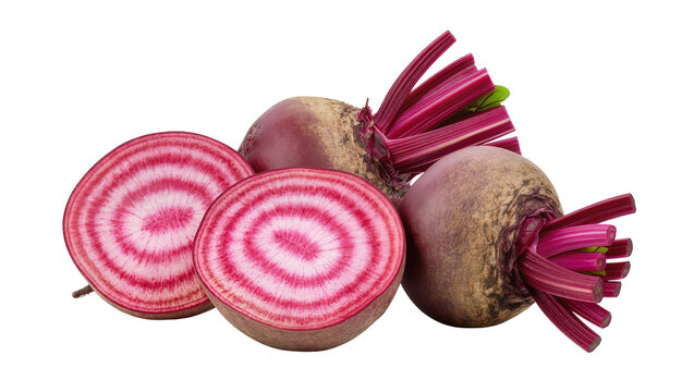 Sliced red beets with green leafy tops and whole root vegetable