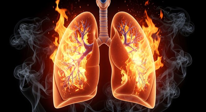 Human lungs illustration showing internal inflammation and fire effects