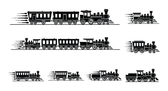 Vintage steam train silhouettes on a white background