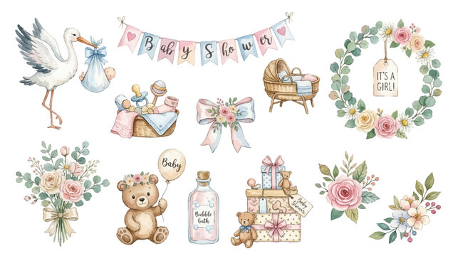 Adorable baby themed clipart collection, watercolor illustrations with flowers, gifts and nursery elements in gentle pastel tones. Collection of Vector illustrations for invitation, card, poster, bann