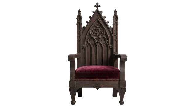 Ornate Gothic Throne with Deep Red Velvet Cushion and Carved Wood Details