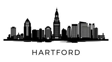 Obraz premium Black and white skyline silhouette of Hartford with insurance district skyscrapers. No people. Minimal design. Bottom: 