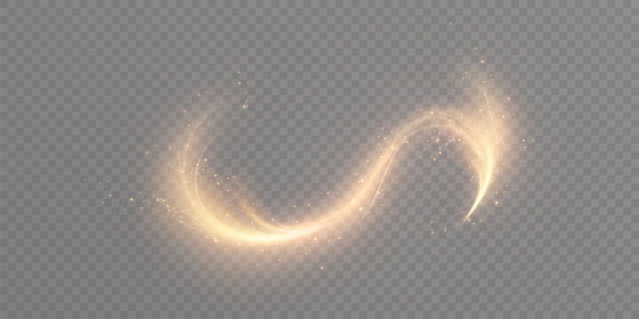 A golden magical comet with lots of sparkling dust and shimmering light effects. A magical golden wind for web design. Vector PNG.