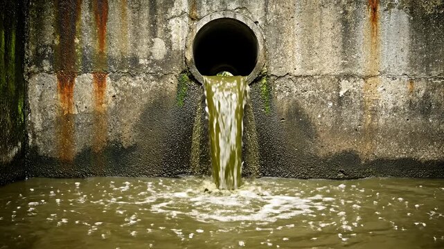 Wastewater flowing from concrete pipe into polluted urban pond