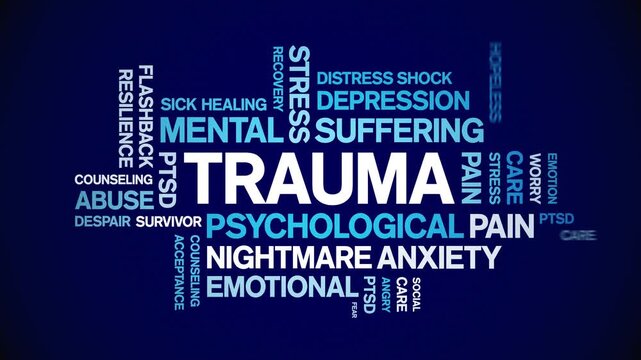 Trauma animated word cloud-text design animation tag kinetic typography seamless loop.
