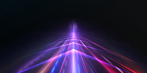 A bright perspective light road with blue, cyan and violet rays on a dark background, a futuristic vector high-speed tunnel and a glowing digital trajectory effect. © MAKSYM