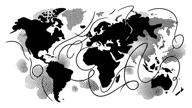 World map silhouette with flowing swirl lines and halftone dot accents in minimalist graphic style