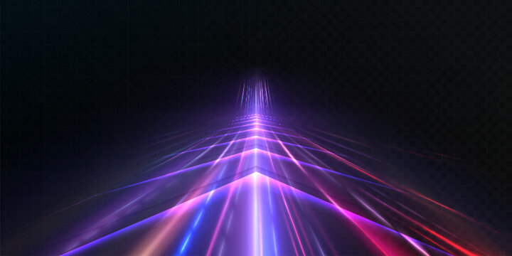 A bright perspective light road with blue, cyan and violet rays on a dark background, a futuristic vector high-speed tunnel and a glowing digital trajectory effect.