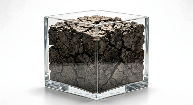 Conceptual 3D cube of cracked dry earth inside a glass box isolated on white background
