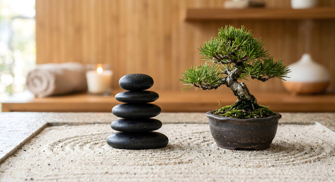 Zen garden with stacked black stones and bonsai tree on sand for spa and relaxation concept
