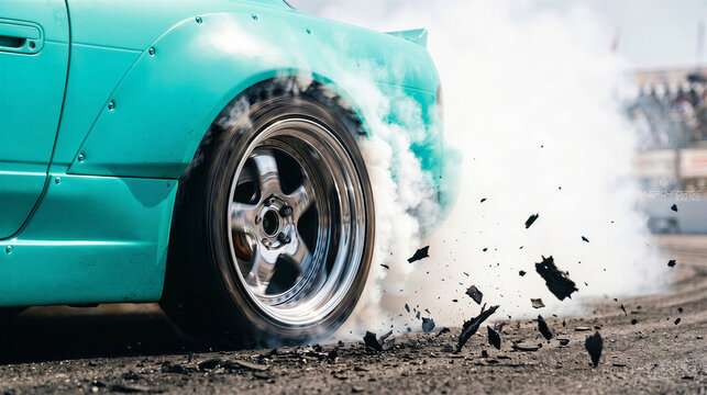 Close up of drift car rear wheel spinning with tire smoke and debris on track. Raw power and traction loss captured in aggressive motorsport moment