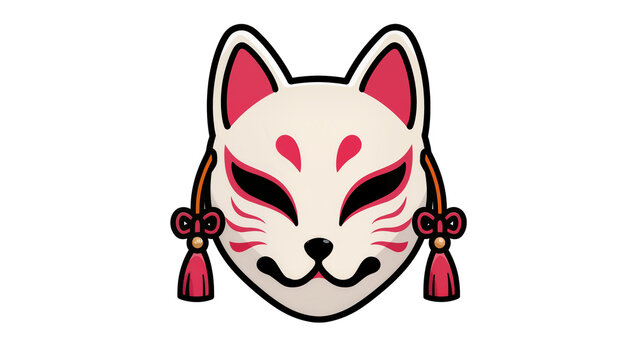 Stylized White Fox Mask with Red Accents and Tassels
